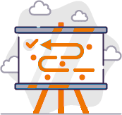 Strategie-Tafel mit Pfeilen und Häkchen.