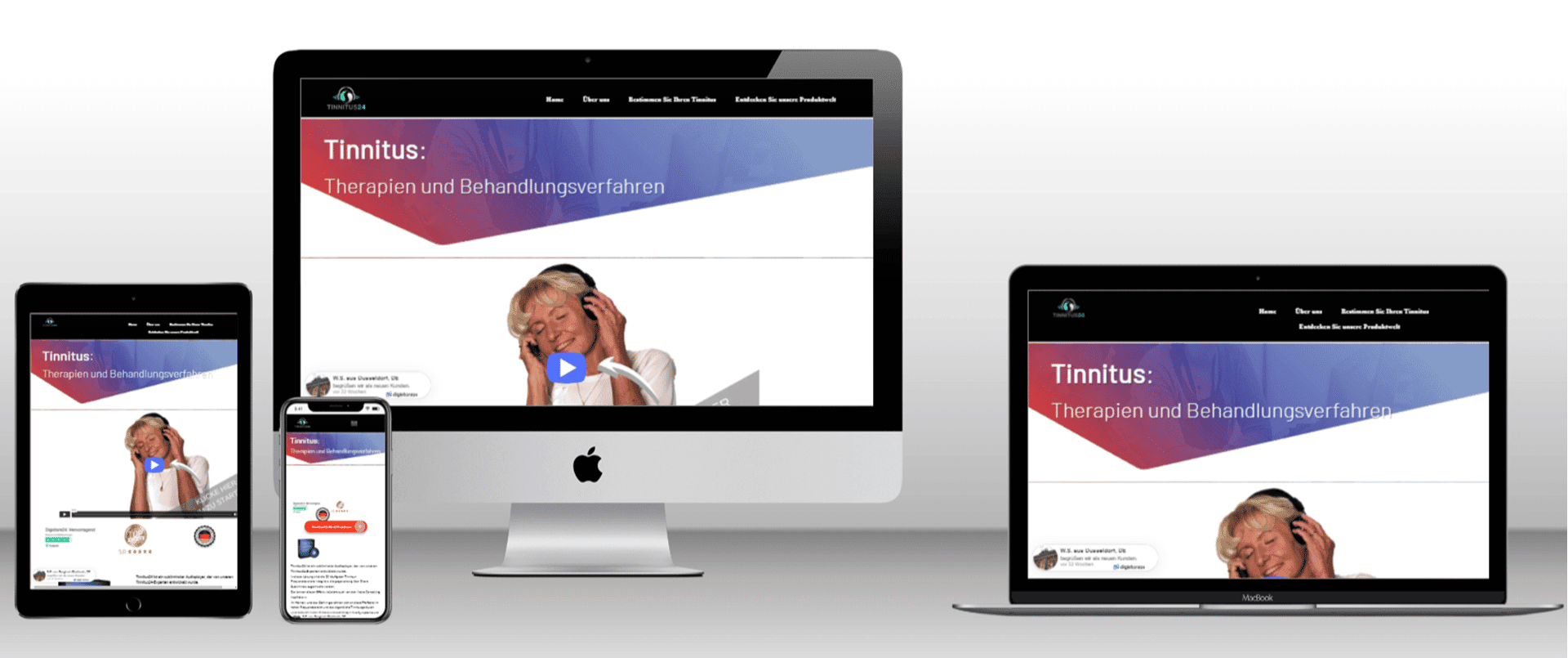 Webseiten-Layout für Tinnitus-Behandlung.