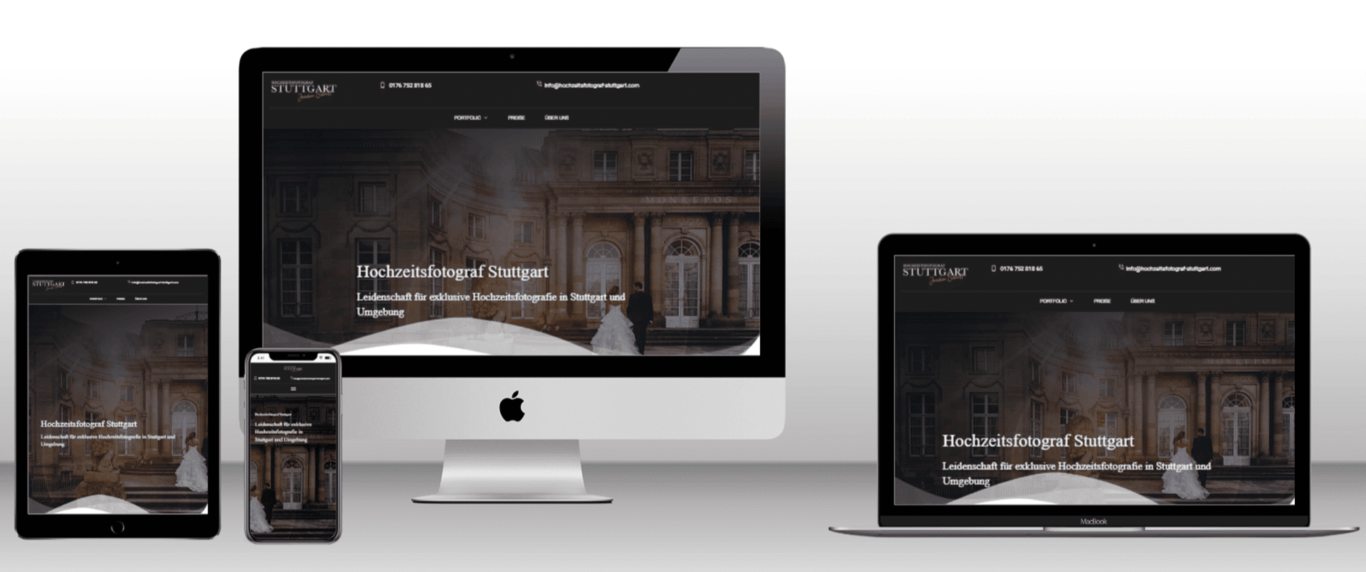 Hochzeitsfotografie Webseite auf verschiedenen Geräten.