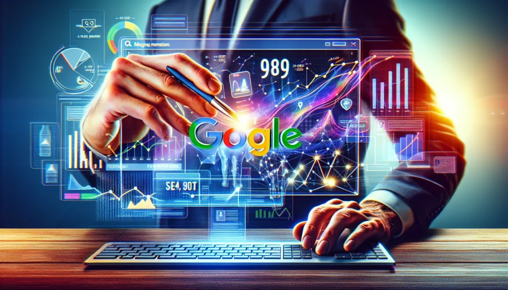 Person analysiert Google SEO-Daten auf Bildschirm.