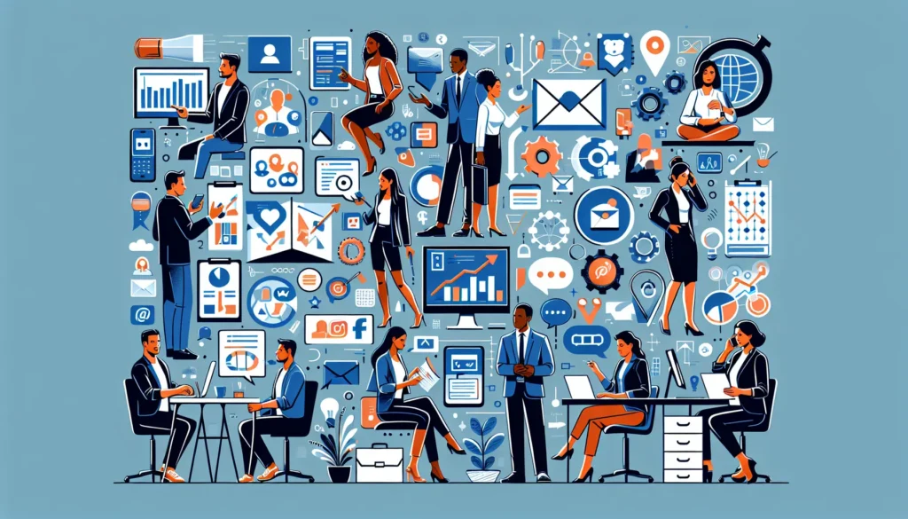 Illustration von Geschäftsleuten mit digitalen Symbolen.